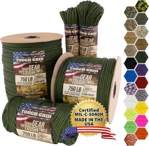 TOUGH-GRID Premium Paracord 750 lbs Made in USA Outdoor Survival Nylon Rope Tactical Heavy Duty Strands Parachute Cord Used by US Military 1 Type III Mil-Spec