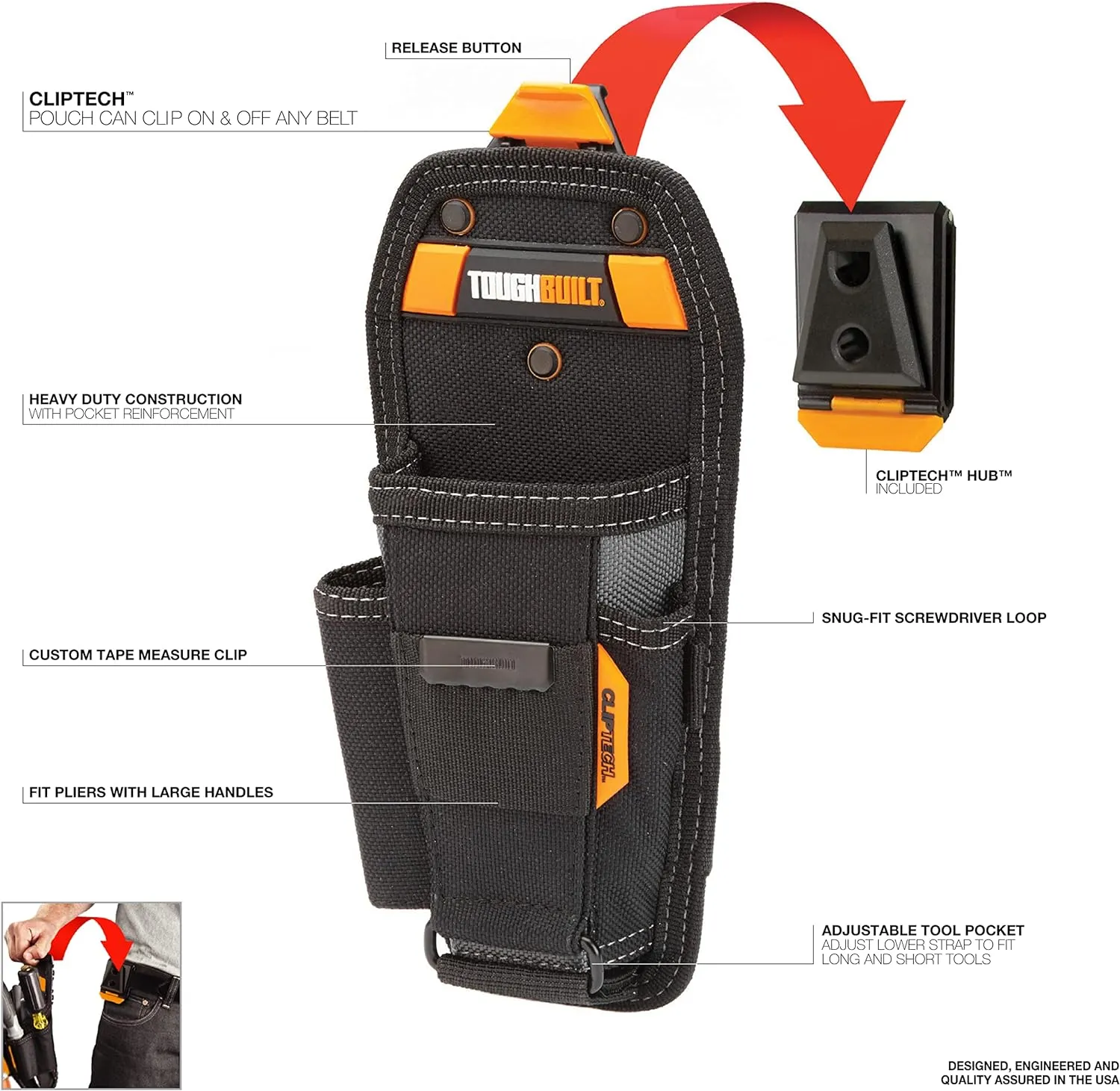 ToughBuilt - Pliers Tool Pouch - Pockets & Loops, Tape Measure Clip, Screw Driver, Pencil Holder, Adjustable Tool Holster Accessories, Multi-Tool Organizer