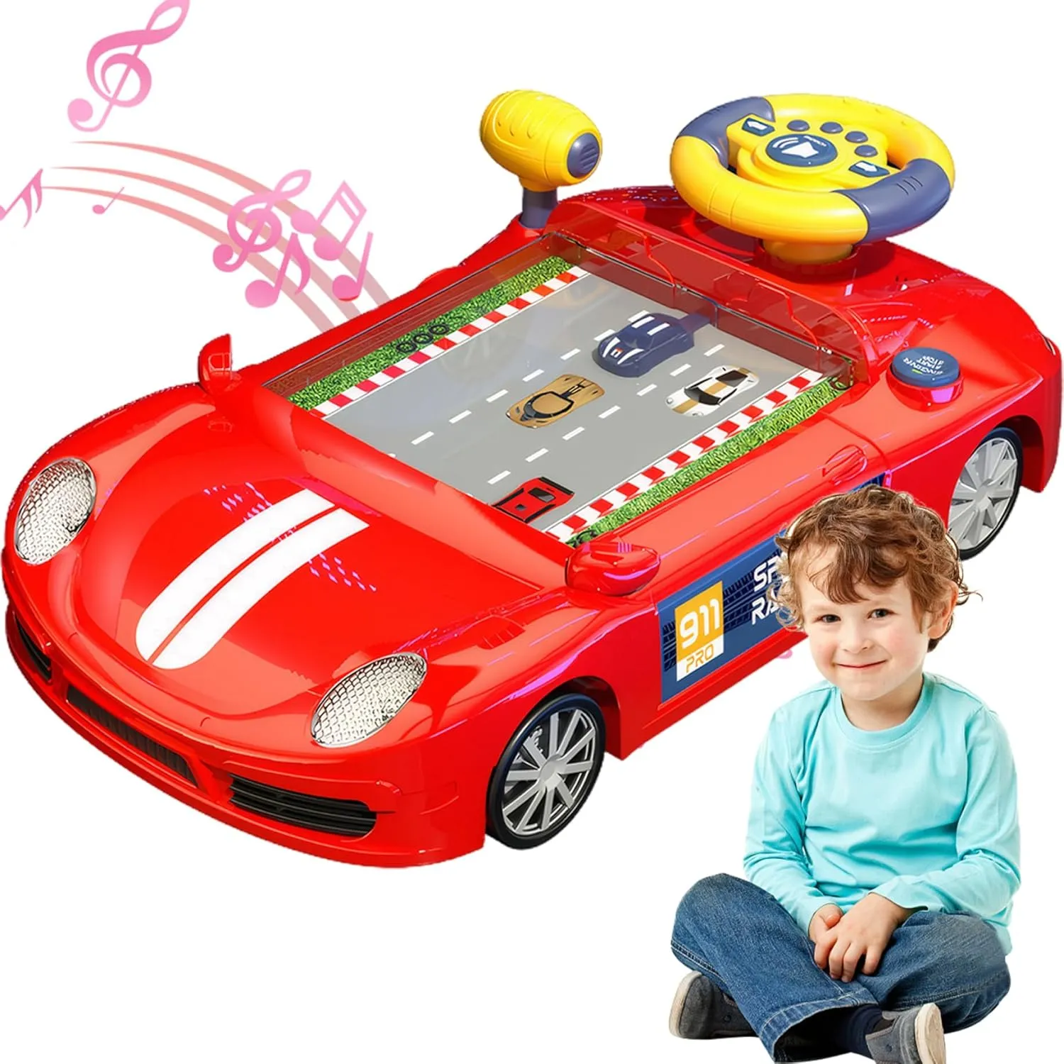Toy Steering Wheel with Music ＆ Sound, Driving Simulator Baby Car Racing Toy Interactive Battery Powered Baby Steering Wheel Toy for 3  Years Old Boys Girls, Red..