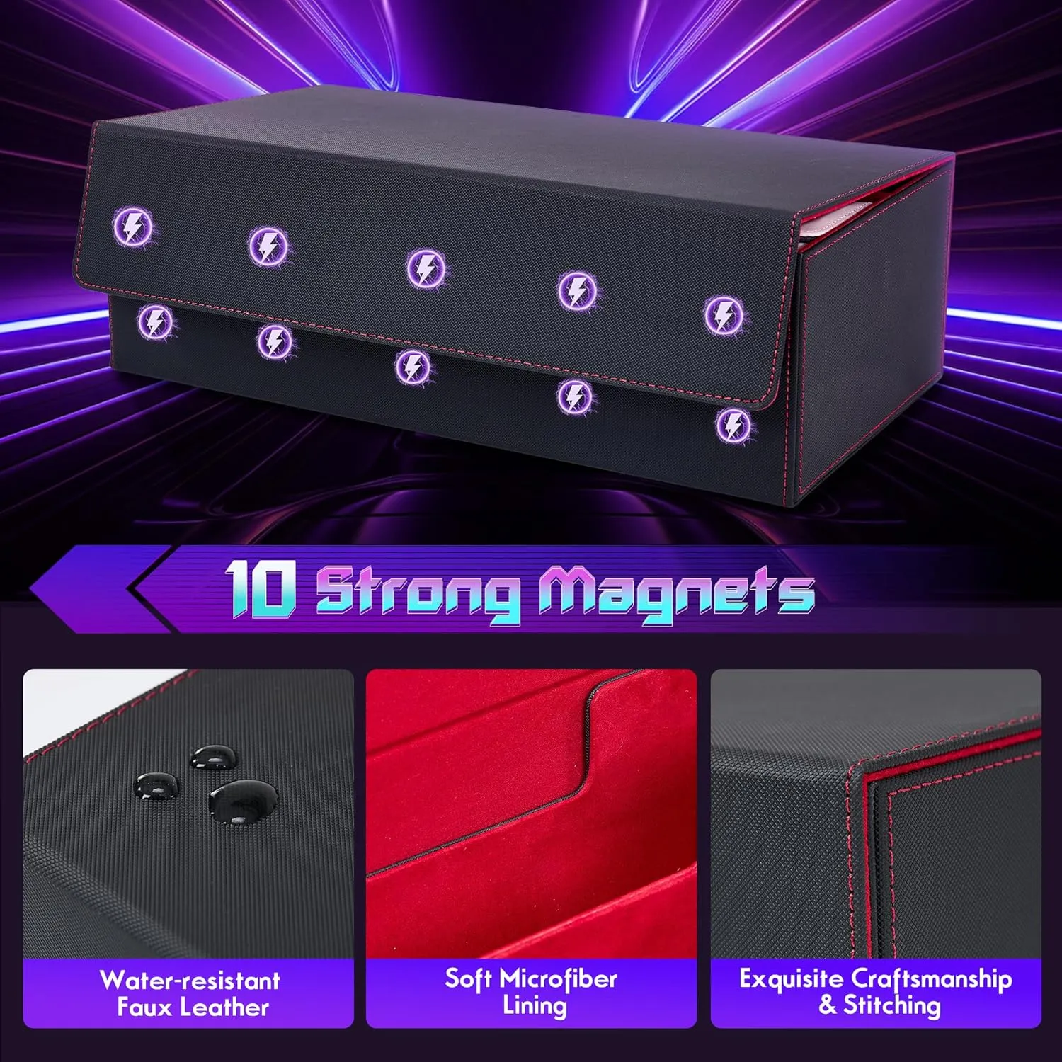 Trading Card Storage Box Holds 4 MTG Deck Box, Card Deck Case with Dice Compartment/Playmat Slot, Fits for MTG, Magic, TCG, CCG, Black/Grey