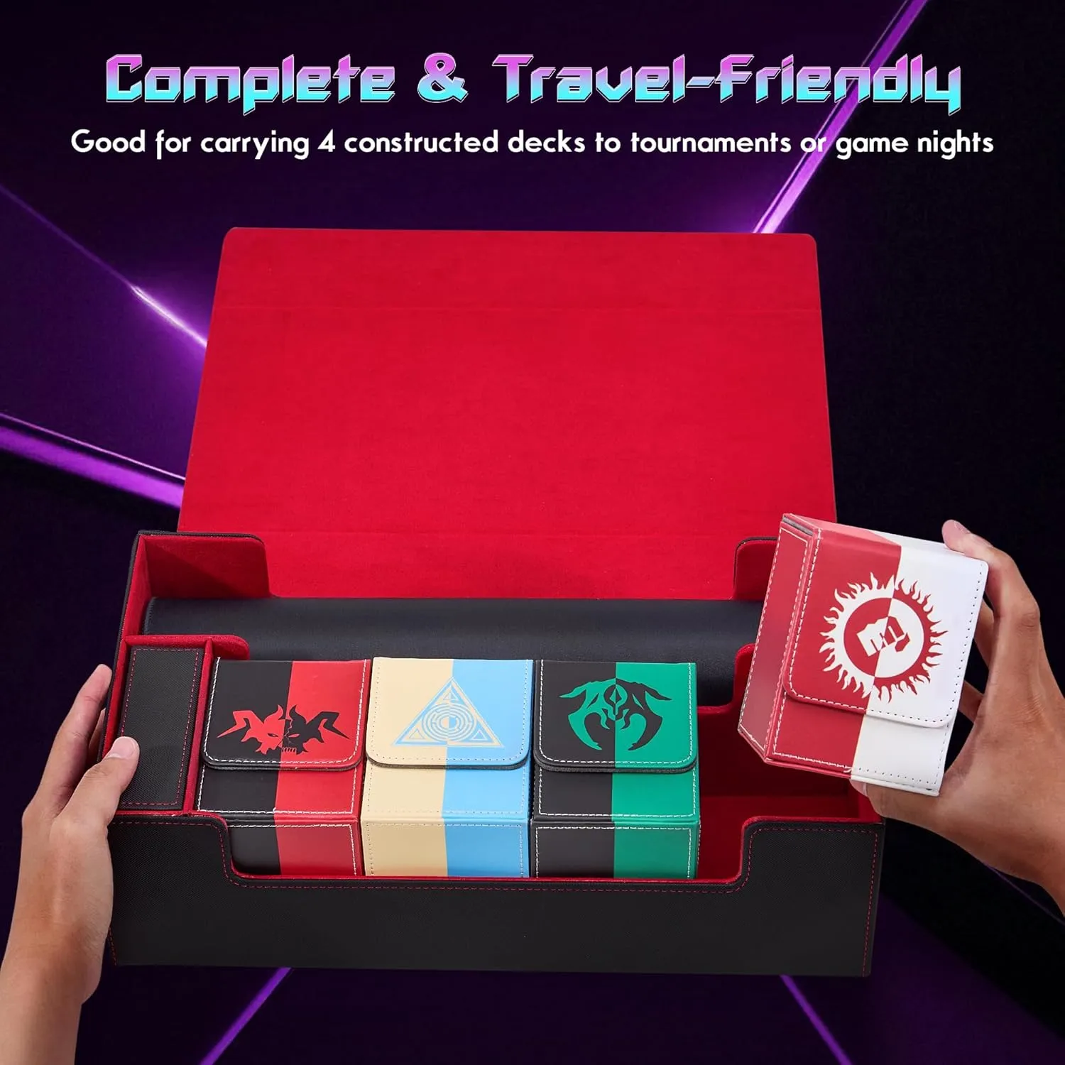 Trading Card Storage Box Holds 4 MTG Deck Box, Card Deck Case with Dice Compartment/Playmat Slot, Fits for MTG, Magic, TCG, CCG, Black/Grey