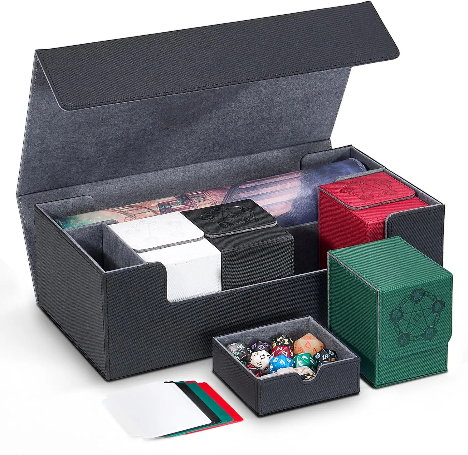 Trading Card Storage Box Holds 4 MTG Deck Box, Card Deck Case with Dice Compartment/Playmat Slot, Fits for MTG, Magic, TCG, CCG, Black/Grey