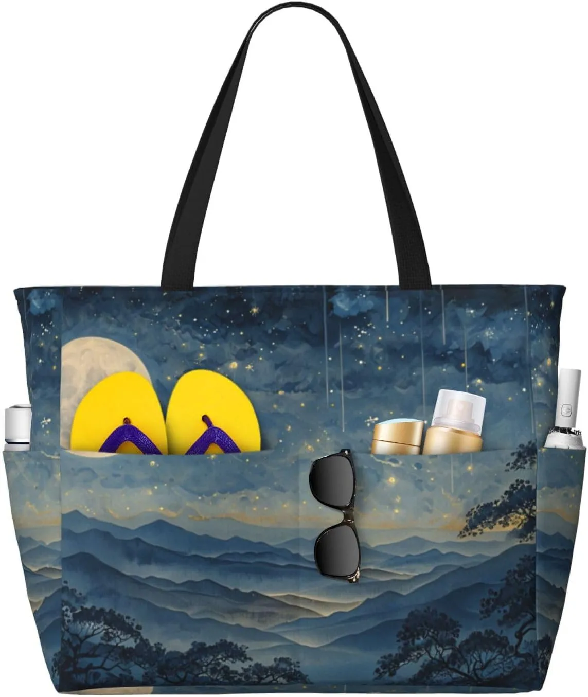Tranquil Nighttime Print 28L Large Beach Tote Bag, 7 Pockets Waterproof Travel Shoulder Bag, Gym Oversized Tote
