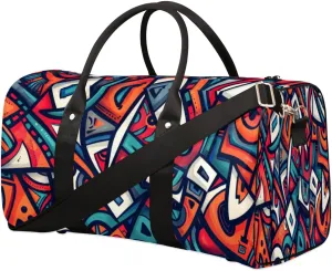 Travel Duffle Bag Red Blue Tribal Pattern Foldable Travel Bags for Men Women, 17 Inch Gym Bag Workout Bag Carry on Weekender Overnight Bag for Gym Travel