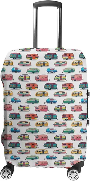 Travel Luggage Cover, Cars Travel Suitcase Cover, Vintage Travel Trailers Colorful Vehicles with Geometric, Fits 26-28 Inch Luggage, Washable Dustproof Anti-Scratch, Multicolor