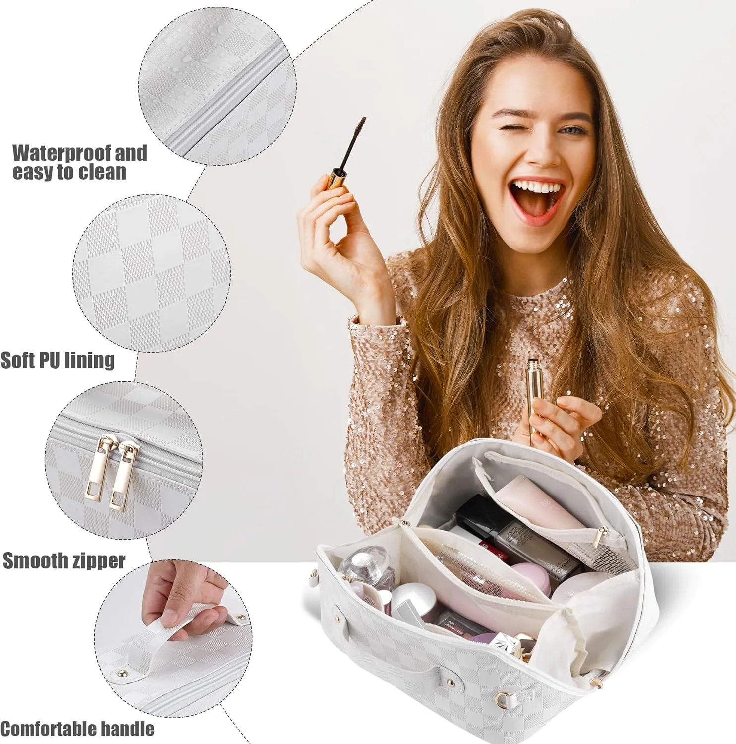 Travel Makeup Bag, Large Capacity Cosmetic Bags For Women, PU Leather Waterproof Portable Pouch Open Flat Lay Checkered Bag Make up Organizer With Divider and Handle (White)