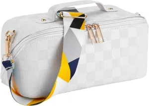 Travel Makeup Bag, Large Capacity Cosmetic Bags For Women, PU Leather Waterproof Portable Pouch Open Flat Lay Checkered Bag Make up Organizer With Divider and Handle (White)