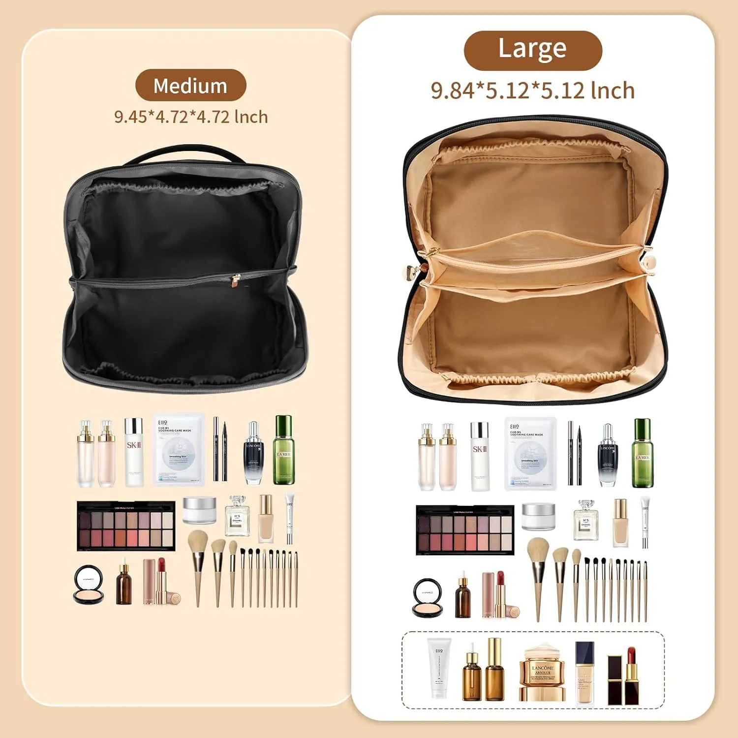 Travel Makeup Bag, Large Capacity Cosmetic Organizer Bags for Women, Waterproof PU Leather Toiletry Bags, Wide Open Flat Makeup Case with Divider and Handle