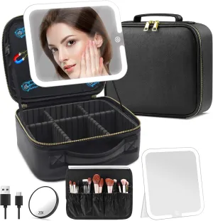 Travel Makeup Bag with Magnetic Removable Mirror, Make up Bag with Led Mirror and Light, Cosmetic Organizer Makeup Train Case with Lighted Mirror of 3 Color Modes & Adjustable Brightness & 360° Angle