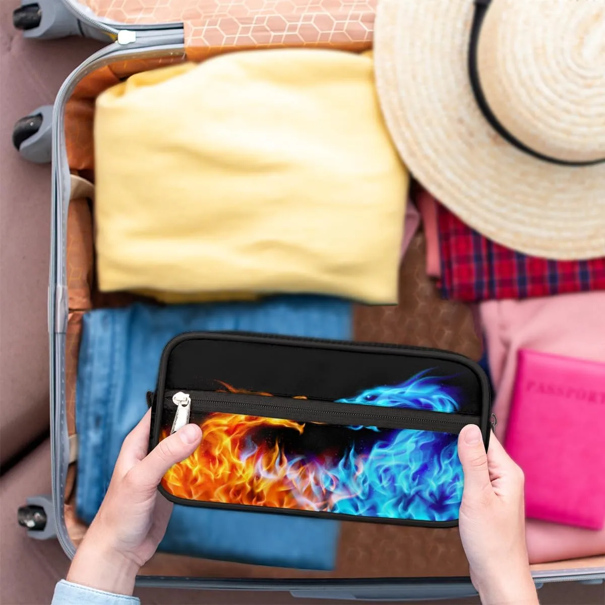 Travel Toiletry Bag for Boys Men, Waterproof Hanging Dopp Kit for Women, Shaving Bag with Large Capacity for Travel,Sports Shower (Fire Dragon)
