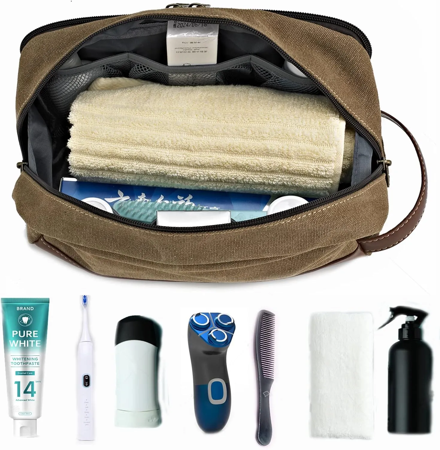 Travel Toiletry Bag for Men and Women, Canvas Toiletry Organizer Water-Resistant Vegan Leather, Hanging Dopp Kit Shaving Bag for Toiletries Accessories