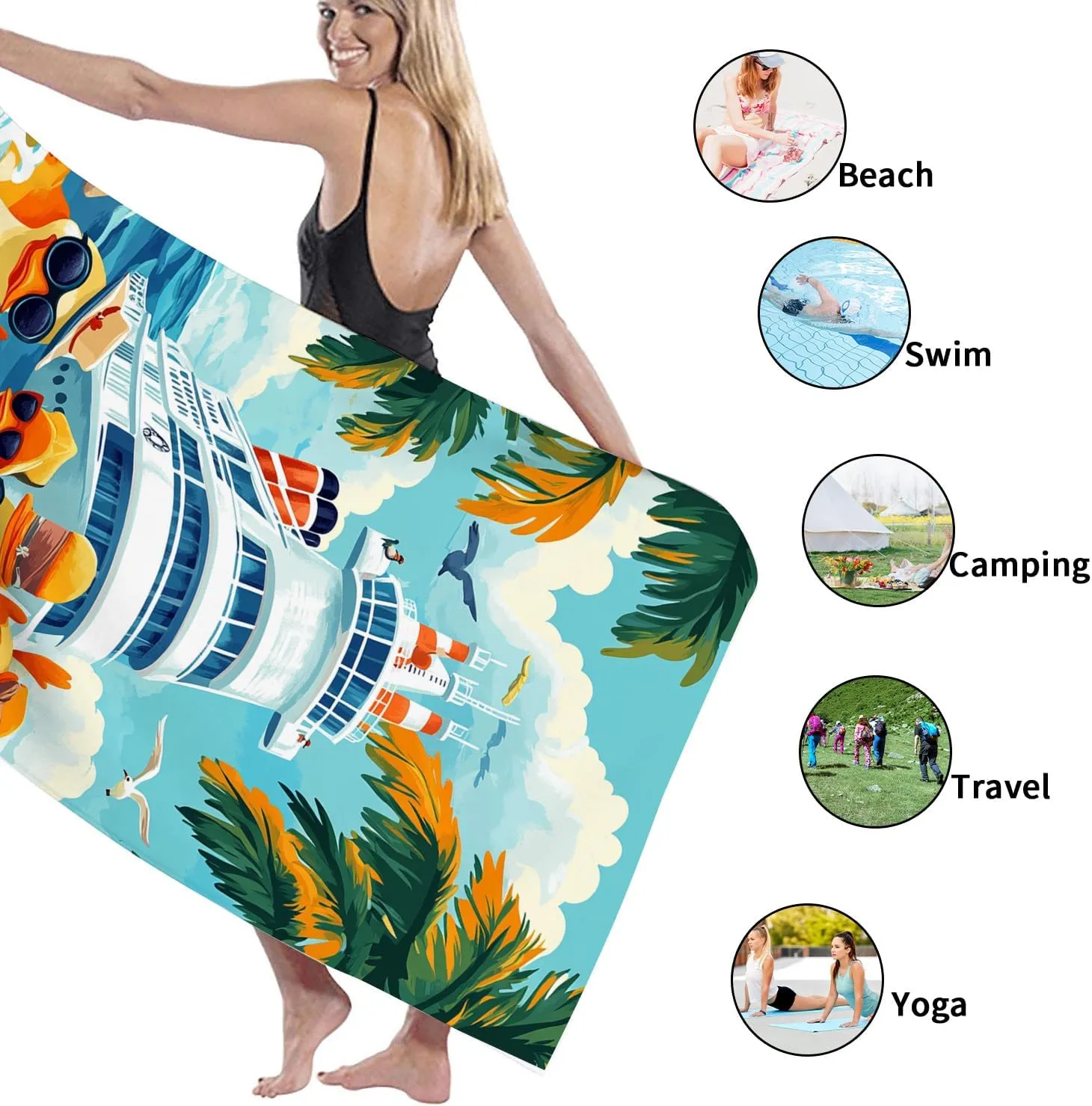 Tropical Cruise Microfiber Beach Towel Blue Ocean Adventure Ducks, Quick Dry Absorbent Sand Free Oversized Lightweight Pool Gym Picnic Essentials 62x31 Inch