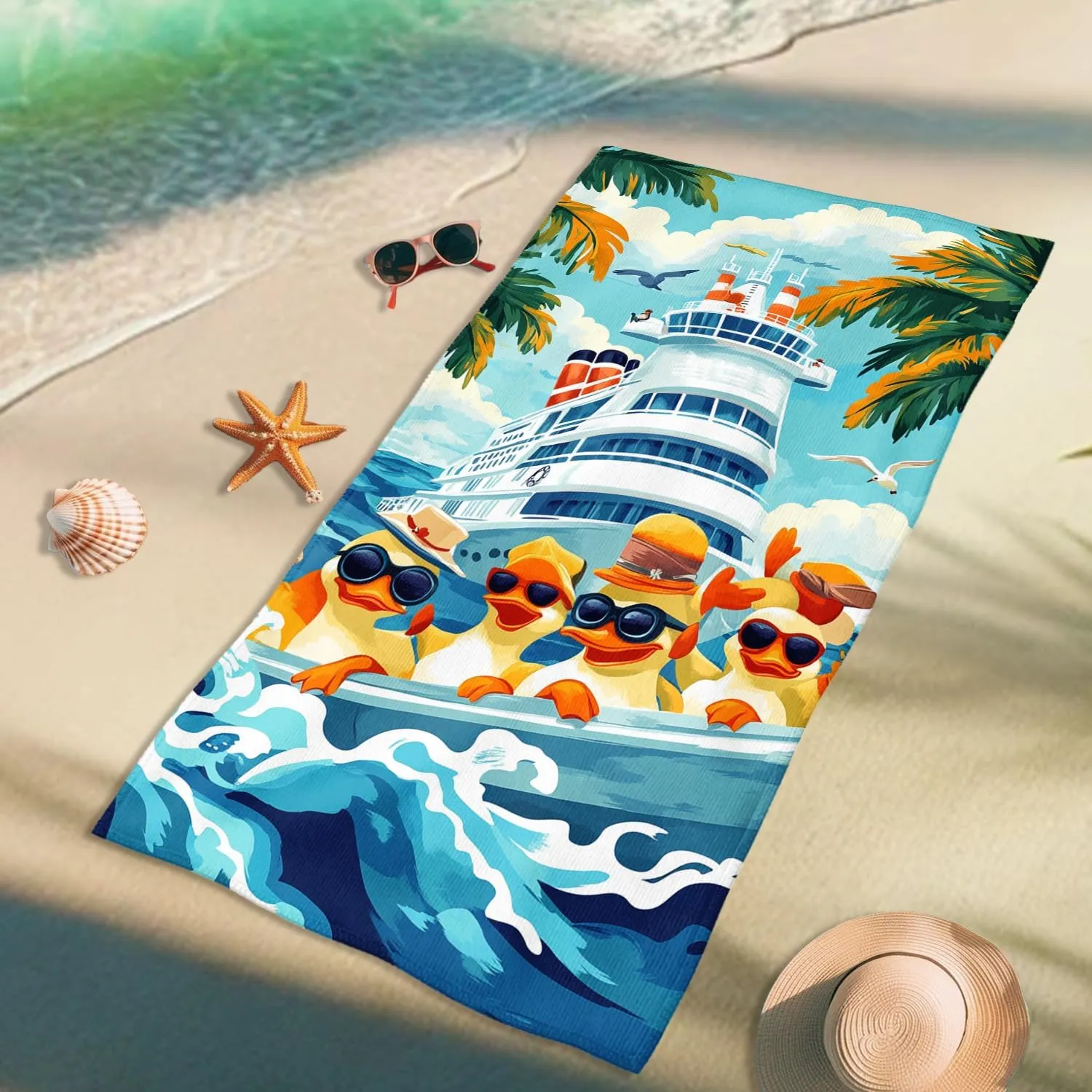 Tropical Cruise Microfiber Beach Towel Blue Ocean Adventure Ducks, Quick Dry Absorbent Sand Free Oversized Lightweight Pool Gym Picnic Essentials 62x31 Inch