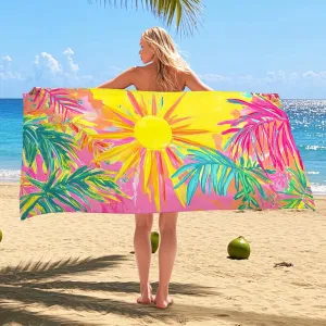 Tropical Sun Microfiber Beach Towel Bright Yellow Peach Palm Design Quick Dry Absorbent Sand Free Lightweight Beach Blanket Perfect for Vacation Pool Picnic Essentials 62x31 Inch
