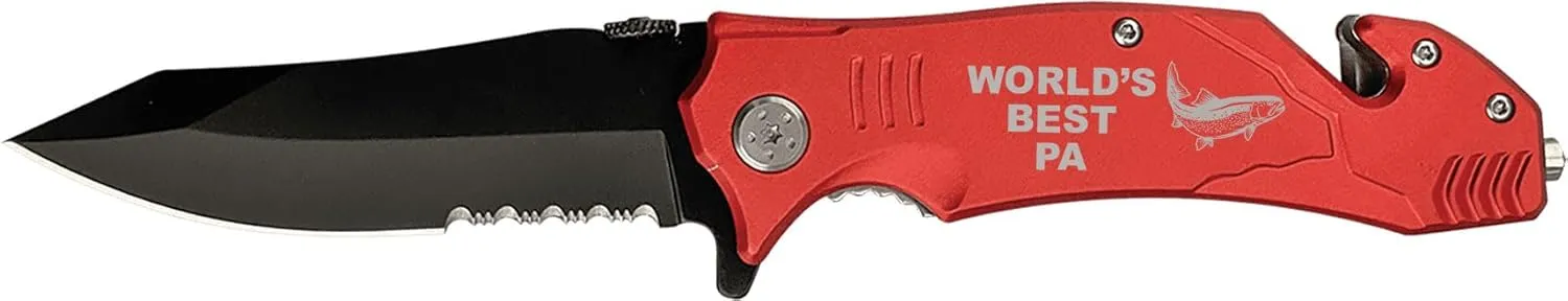 Trout Fishing World's Best PA 4 1/2" Folding Pocket Knife, Rescue Multi-Function Car Glass Breaking Stainless Steel Seat Belt Cutter Knife, Red