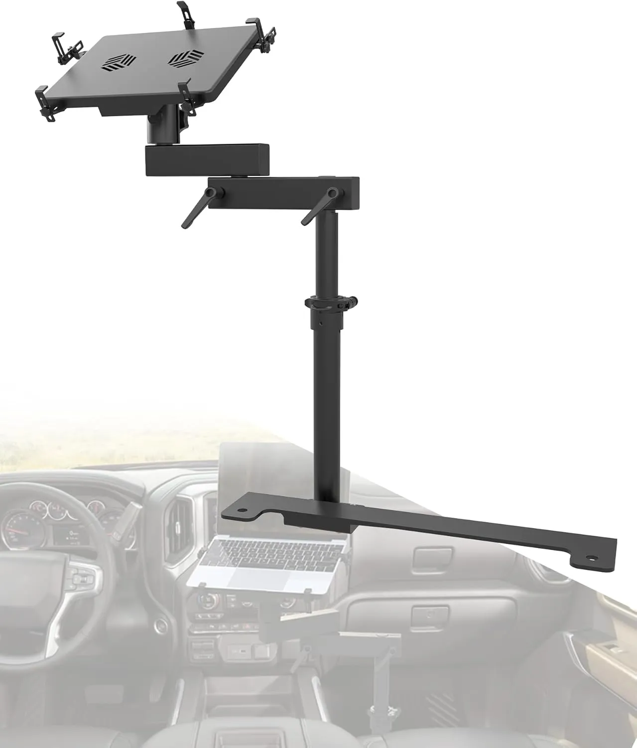 Truck Laptop Mount Fit for 2019-2025 Chevy Silverado, Tahoe, GMC Sierra, Aluminum Truck Laptop Tablet Holder Built-in Cooling Fan Dual Pivot Adjustable Height 11.9" to 20"