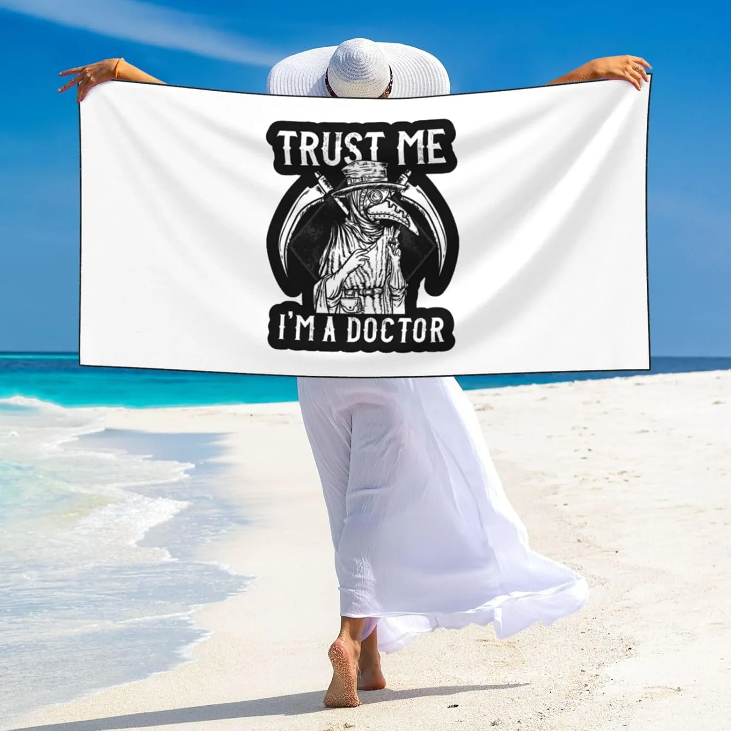 Trust Me I'm A Doctor I Medieval Plague Doctor Beach Towel 27.5x55 Inches - Ultra Soft Quick Dry Sand Towel, Lightweight Large Bath Towel for Pool, Summer, Travel