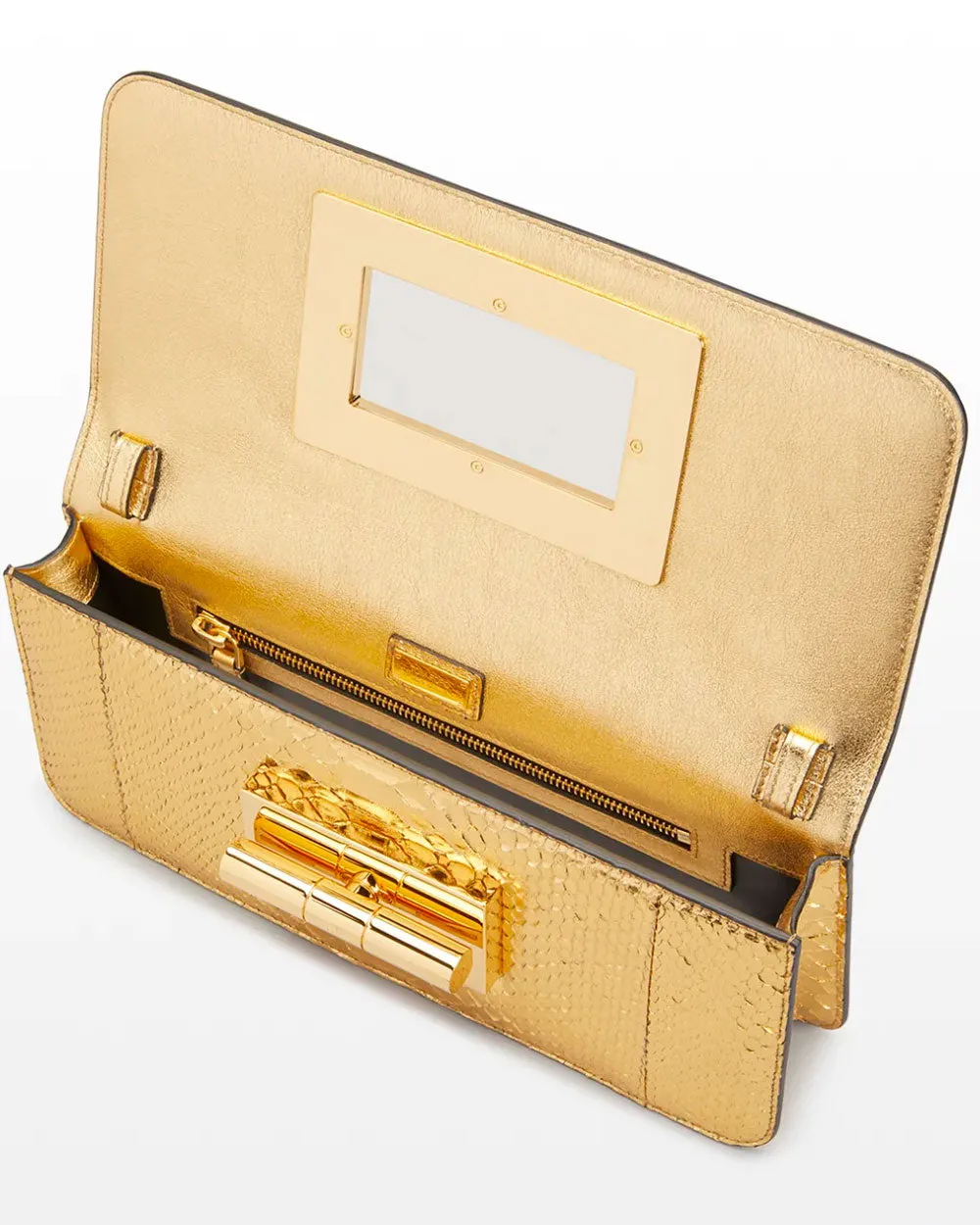 Turn Lock Laminated Python Clutch in Gold