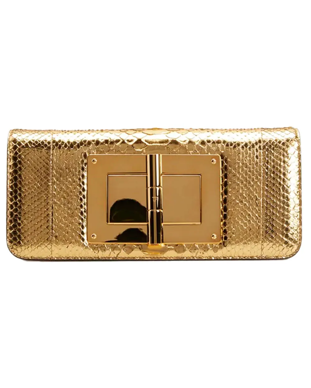 Turn Lock Laminated Python Clutch in Gold