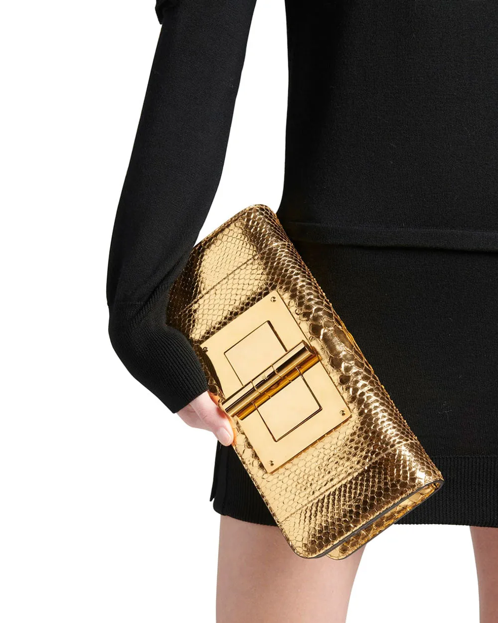 Turn Lock Laminated Python Clutch in Gold