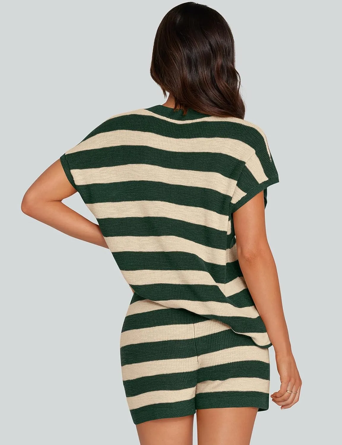 UEU Womens 2 Piece Outfits Lounge Sets Summer Striped Short Sleeve Top Shorts Matching Knit Oversized Pajama Sweater Set