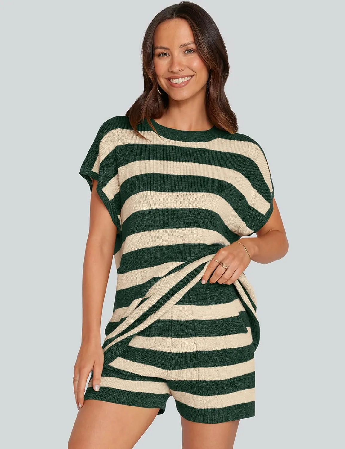 UEU Womens 2 Piece Outfits Lounge Sets Summer Striped Short Sleeve Top Shorts Matching Knit Oversized Pajama Sweater Set