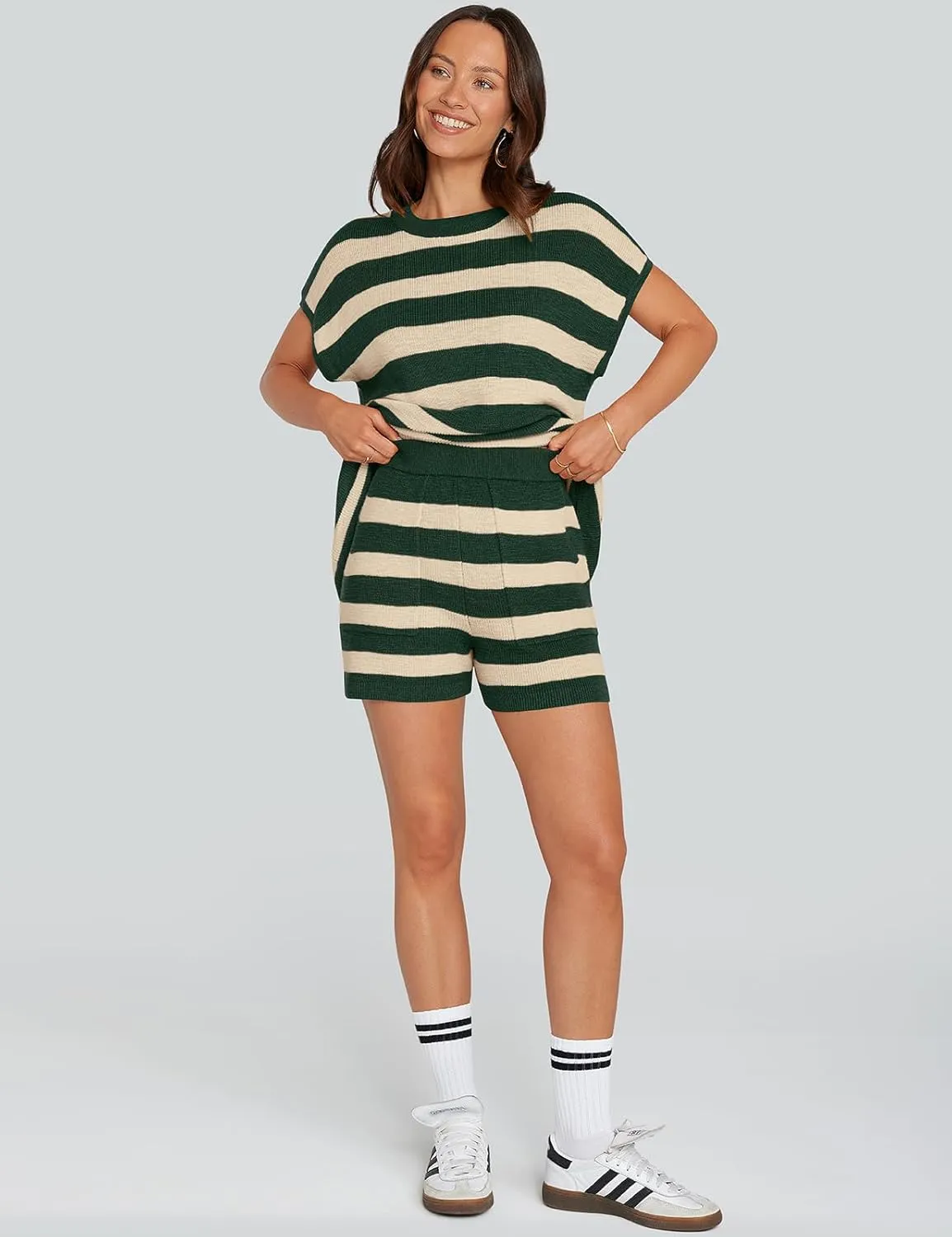 UEU Womens 2 Piece Outfits Lounge Sets Summer Striped Short Sleeve Top Shorts Matching Knit Oversized Pajama Sweater Set