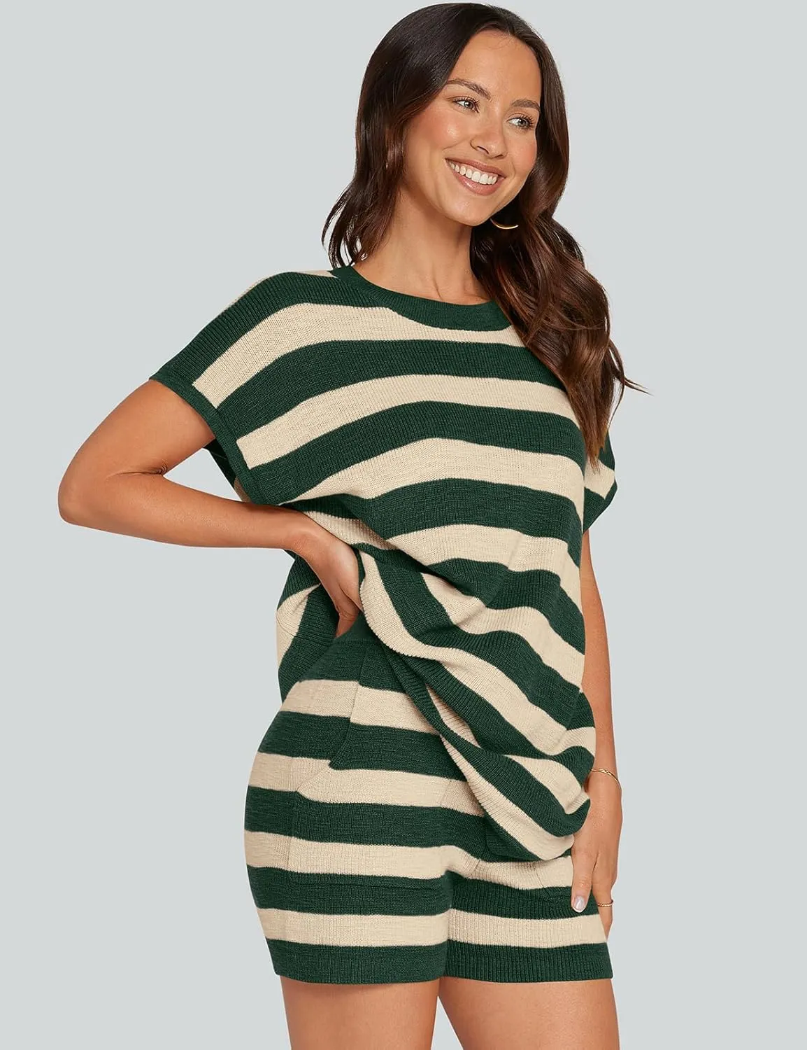 UEU Womens 2 Piece Outfits Lounge Sets Summer Striped Short Sleeve Top Shorts Matching Knit Oversized Pajama Sweater Set