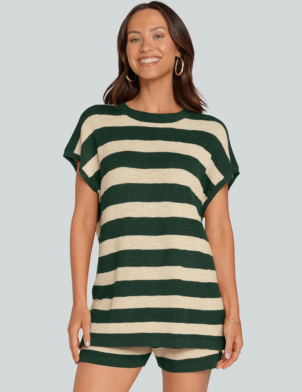 UEU Womens 2 Piece Outfits Lounge Sets Summer Striped Short Sleeve Top Shorts Matching Knit Oversized Pajama Sweater Set