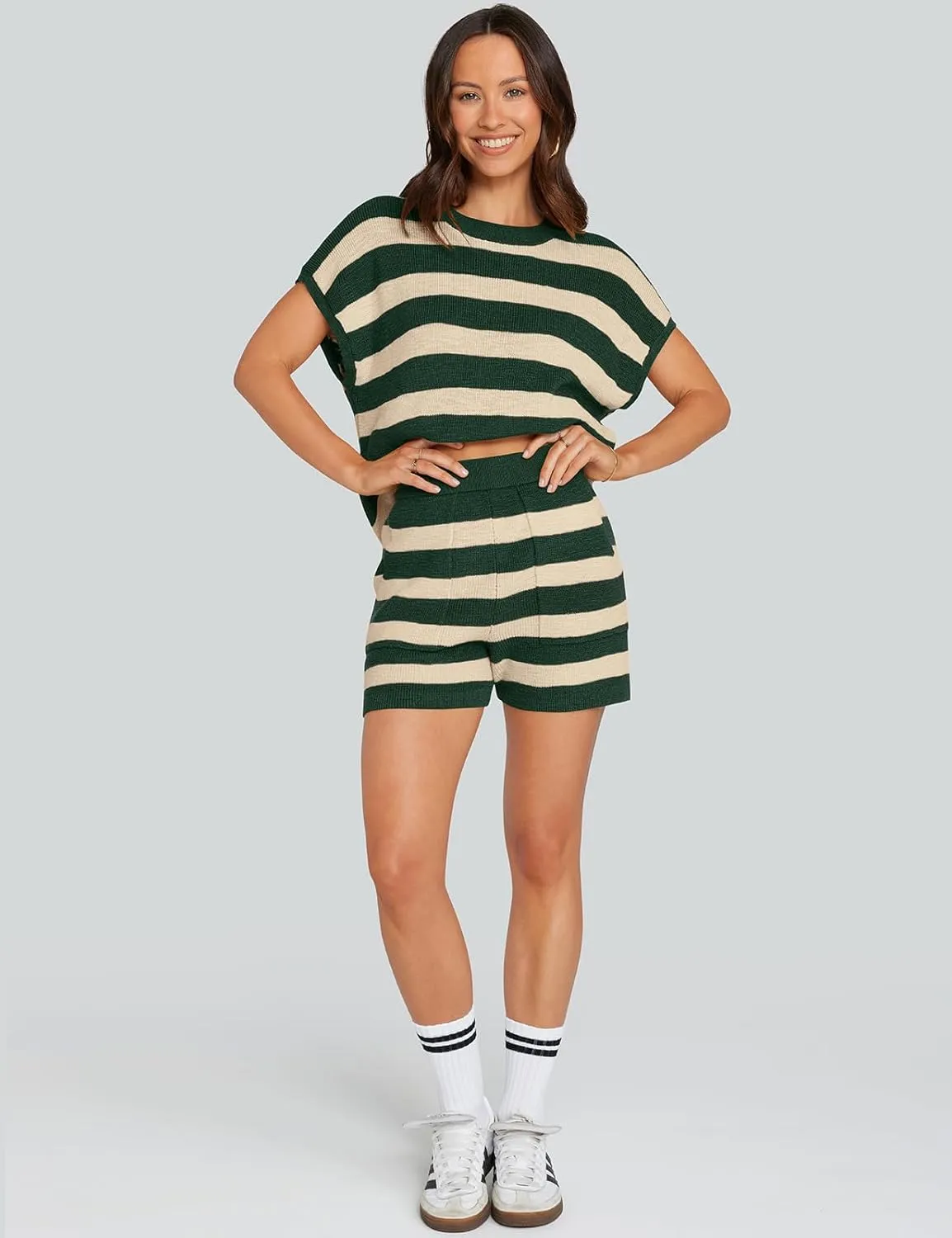 UEU Womens 2 Piece Outfits Lounge Sets Summer Striped Short Sleeve Top Shorts Matching Knit Oversized Pajama Sweater Set