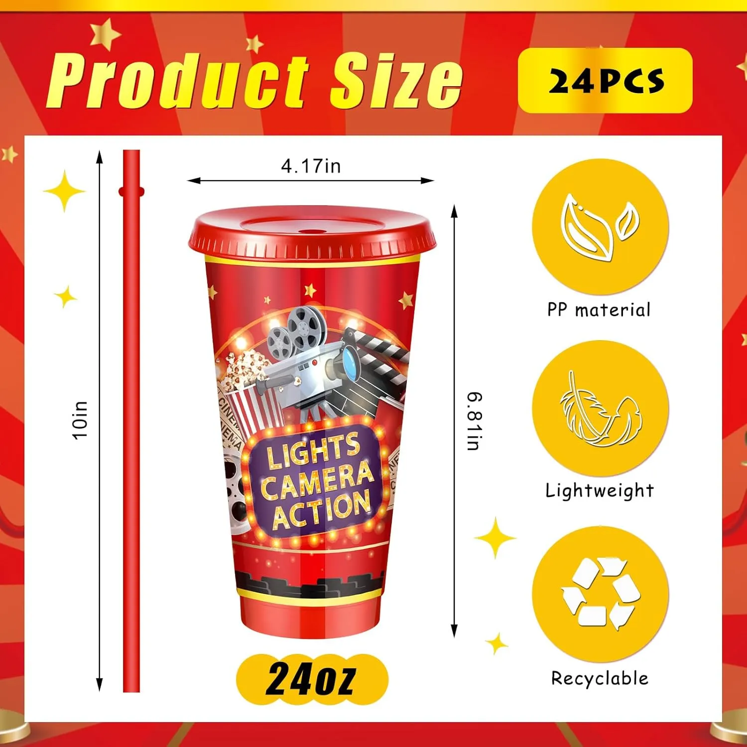 Uiifan 24 Pcs Movie Night Cups 24oz Reusable Tumbler with Lid and Straw Movie Party Decorations Birthday Party Favors