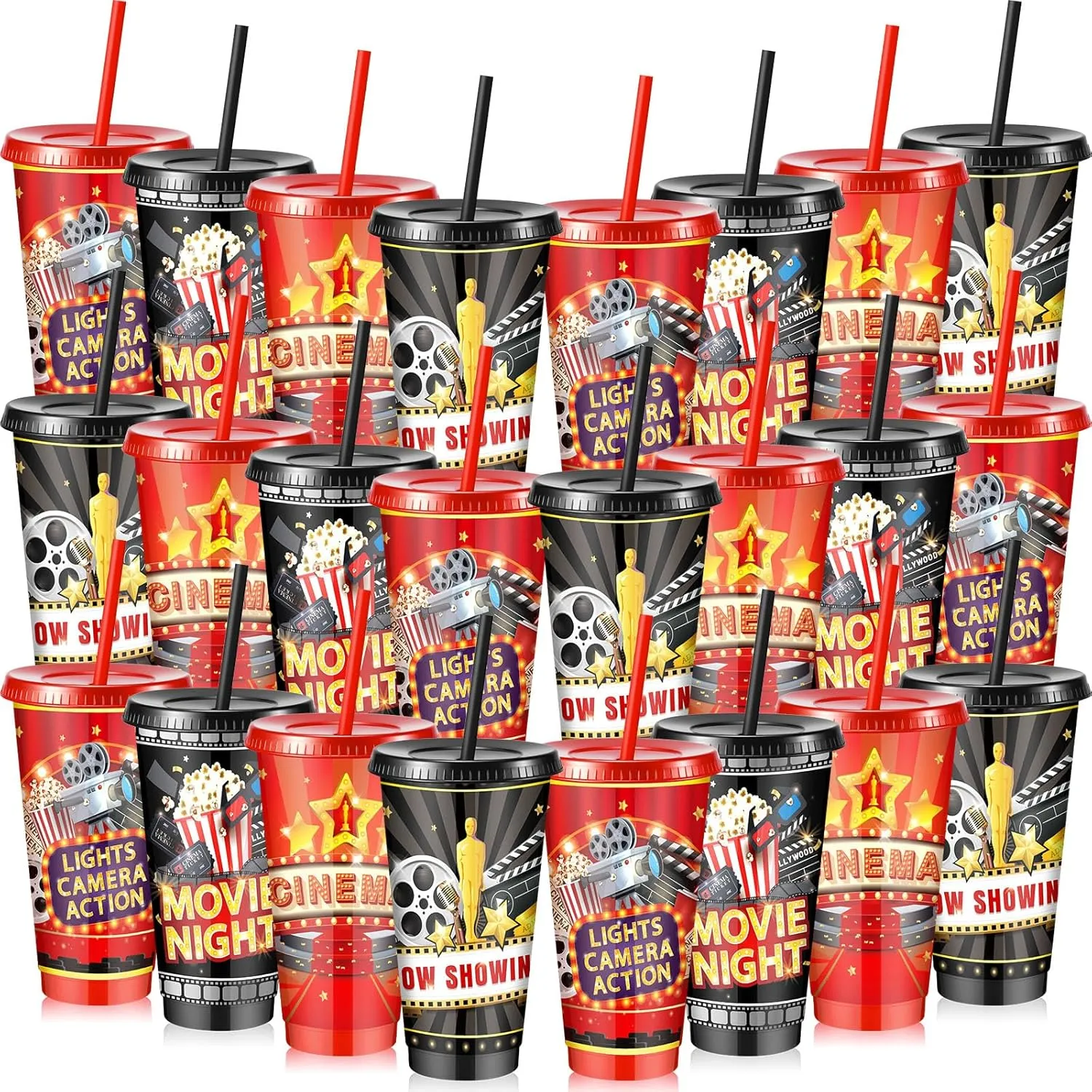 Uiifan 24 Pcs Movie Night Cups 24oz Reusable Tumbler with Lid and Straw Movie Party Decorations Birthday Party Favors