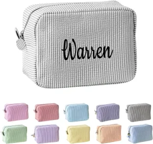 Ulico Personalized Cosmetic Bag Embroidered Name,Custom Monogrammed Makeup Bag，Seersucker Travel Toiletry Bag for Women Girls