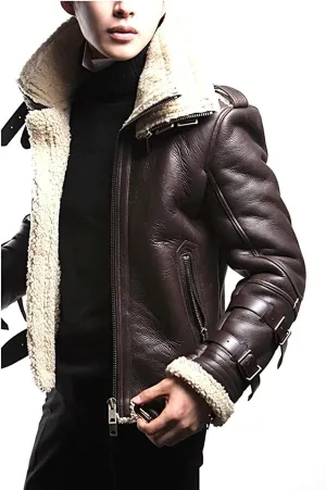Unisex Moto Sheepskin Fur Double Collar Brown Aviator Bomber Leather Jacket XXS to 3XL (XS-Jacket CHEST-42)
