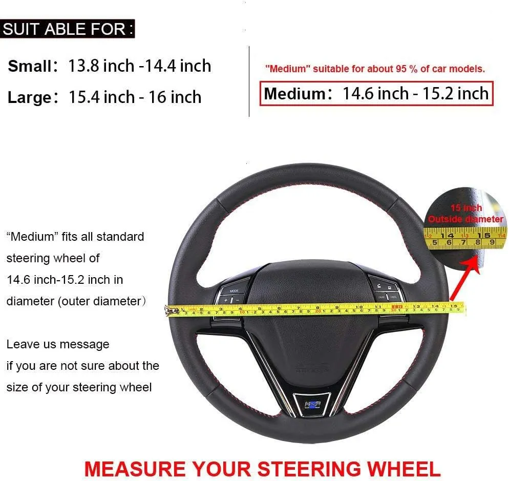 Universal Genuine Leather Steering Wheel Cover Hand Sewing Breathable Design 15 Inch DIY Cowhide Car Steering Wrap Black