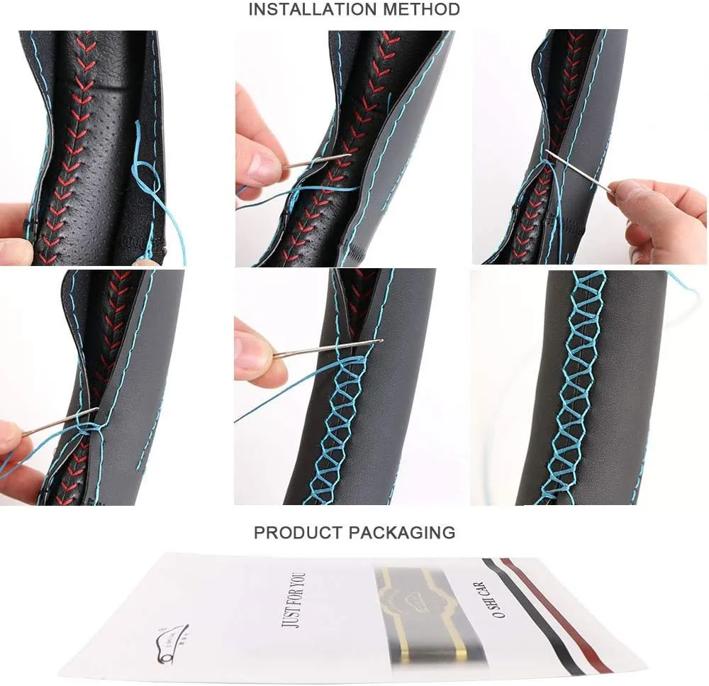 Universal Genuine Leather Steering Wheel Cover Hand Sewing Breathable Design 15 Inch DIY Cowhide Car Steering Wrap Black