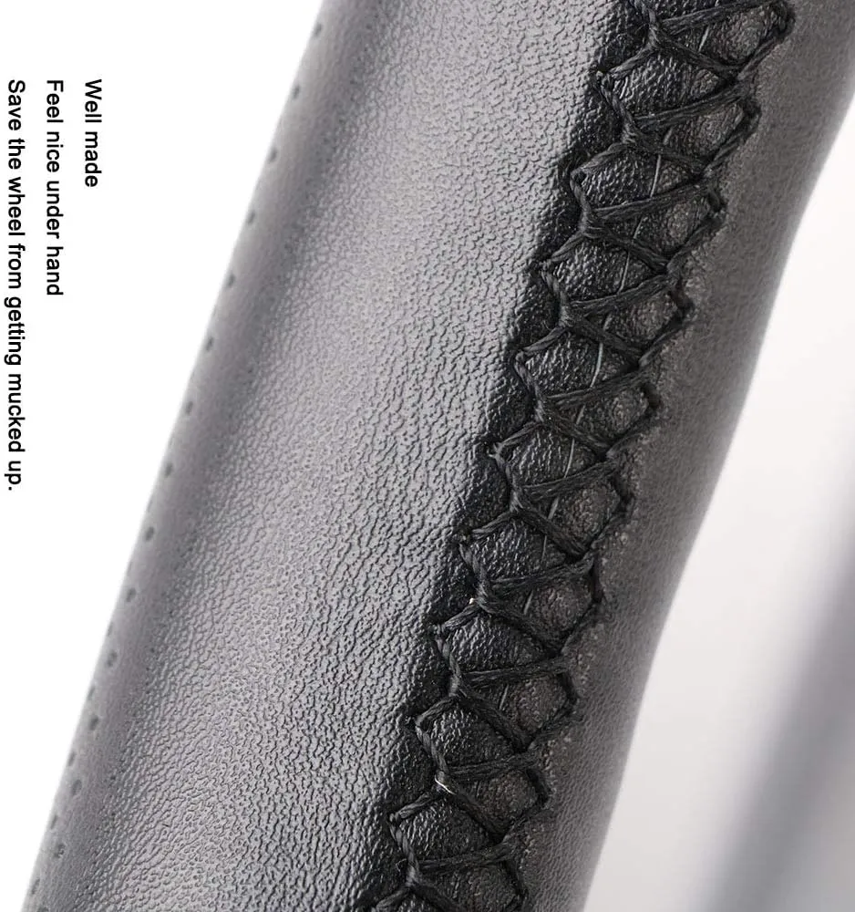 Universal Genuine Leather Steering Wheel Cover Hand Sewing Breathable Design 15 Inch DIY Cowhide Car Steering Wrap Black