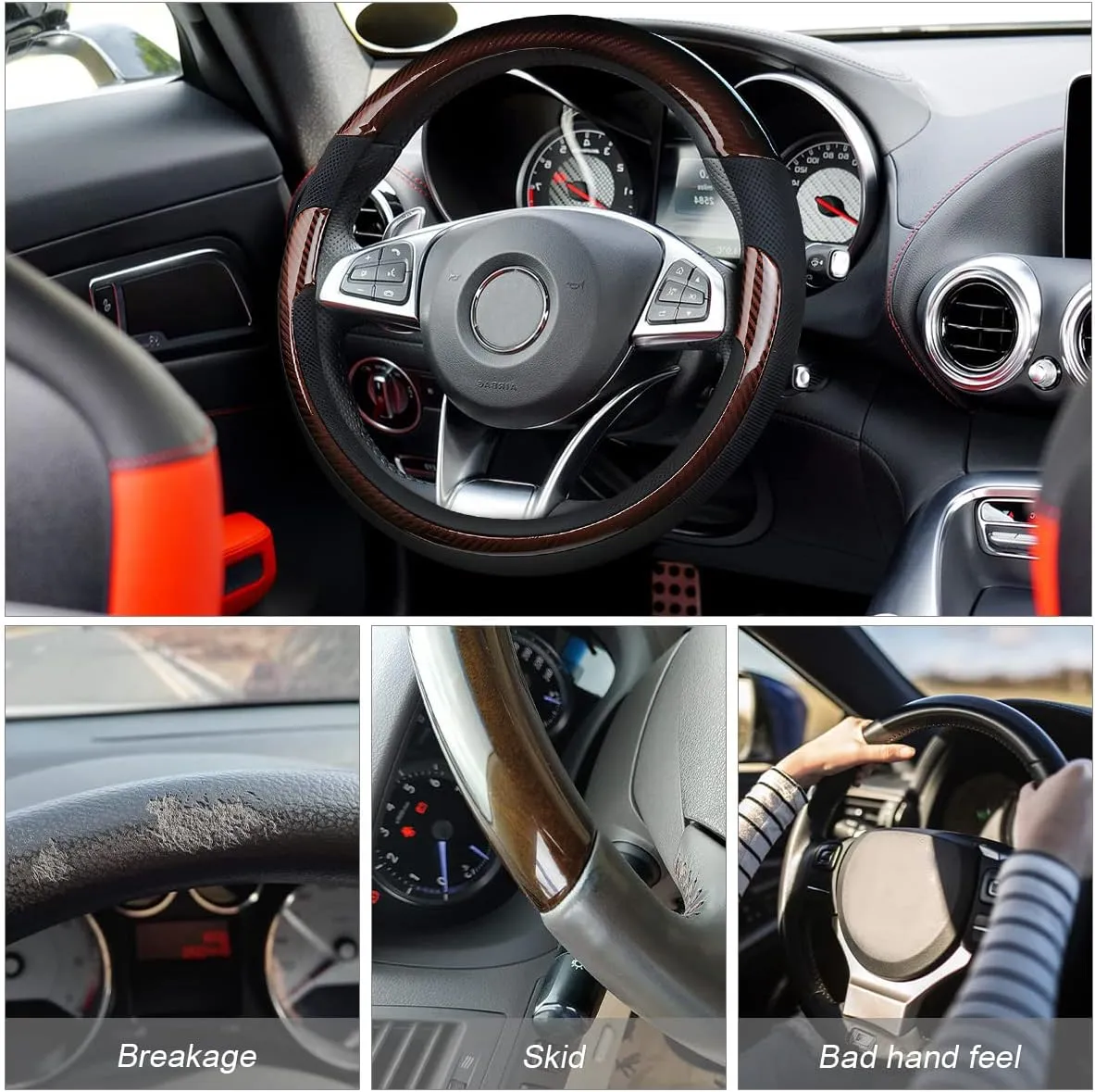 Universal Steering Wheel Cover - Microfiber Leather, 15 Inch, Anti-Slip, Breathable, Odorless Car Steering Wheel Protector, SUV Accessories (Bright Black/Coffee)