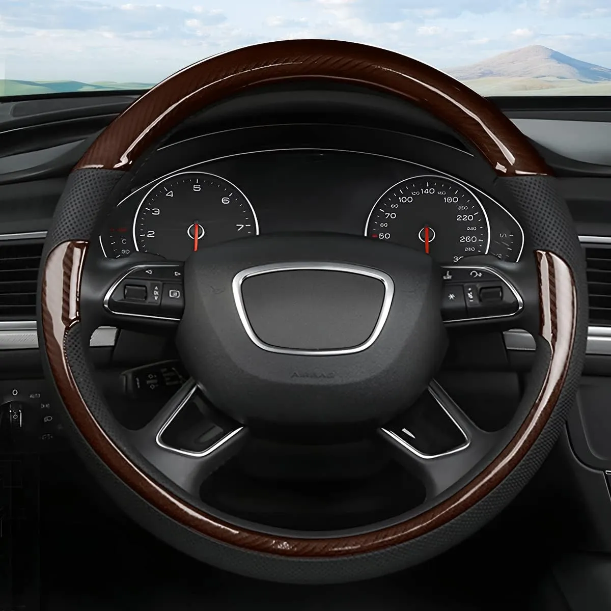 Universal Steering Wheel Cover - Microfiber Leather, 15 Inch, Anti-Slip, Breathable, Odorless Car Steering Wheel Protector, SUV Accessories (Bright Black/Coffee)