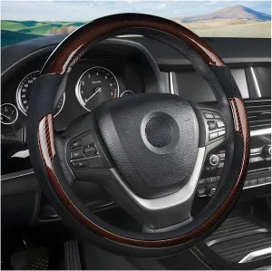 Universal Steering Wheel Cover - Microfiber Leather, 15 Inch, Anti-Slip, Breathable, Odorless Car Steering Wheel Protector, SUV Accessories (Bright Black/Coffee)