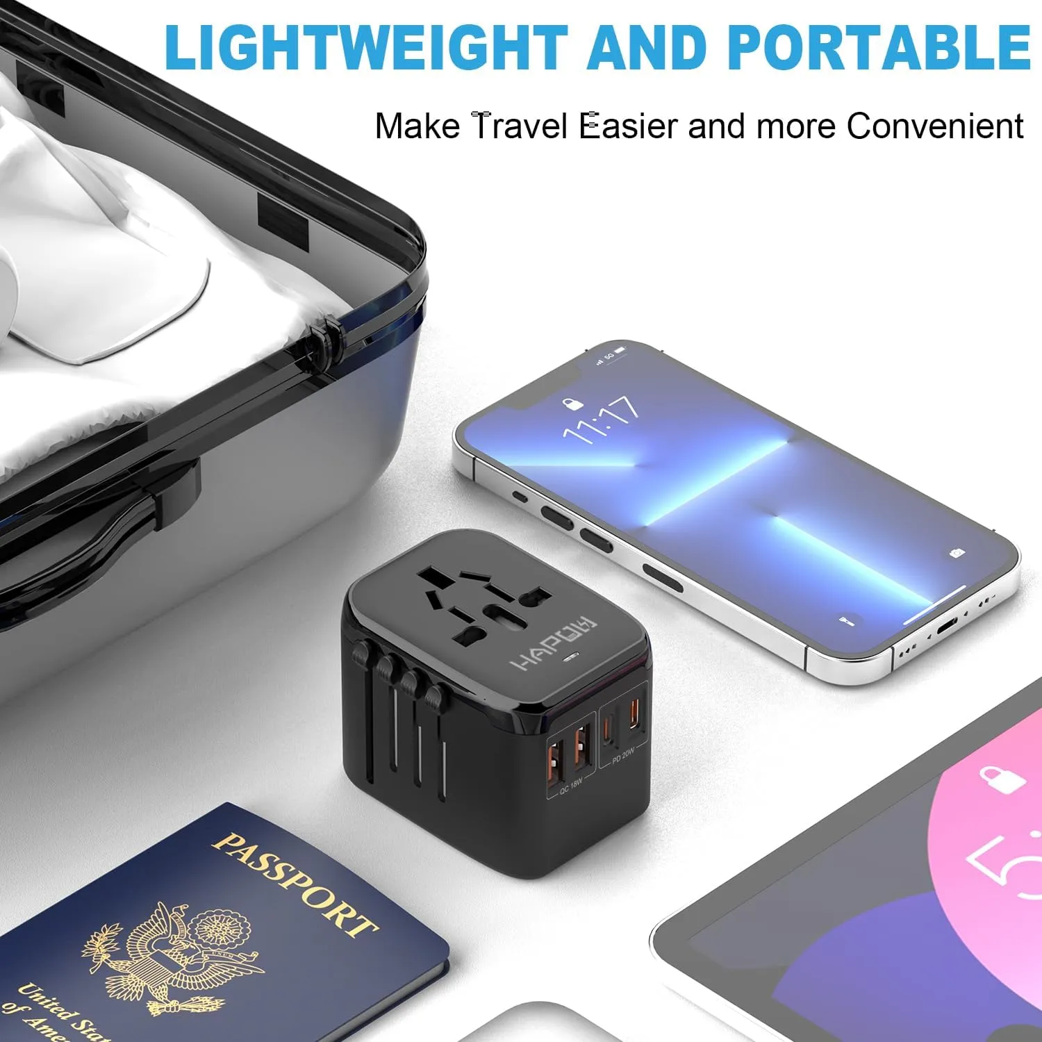 Universal Travel Adapter, PD20W International Power Adapter, 2 USB-C & 2 USB-A Fast Charging Travel Charger, All in One Worldwide Travel Plug Adapter, Outlet Adapter for Europe EU UK USA AU