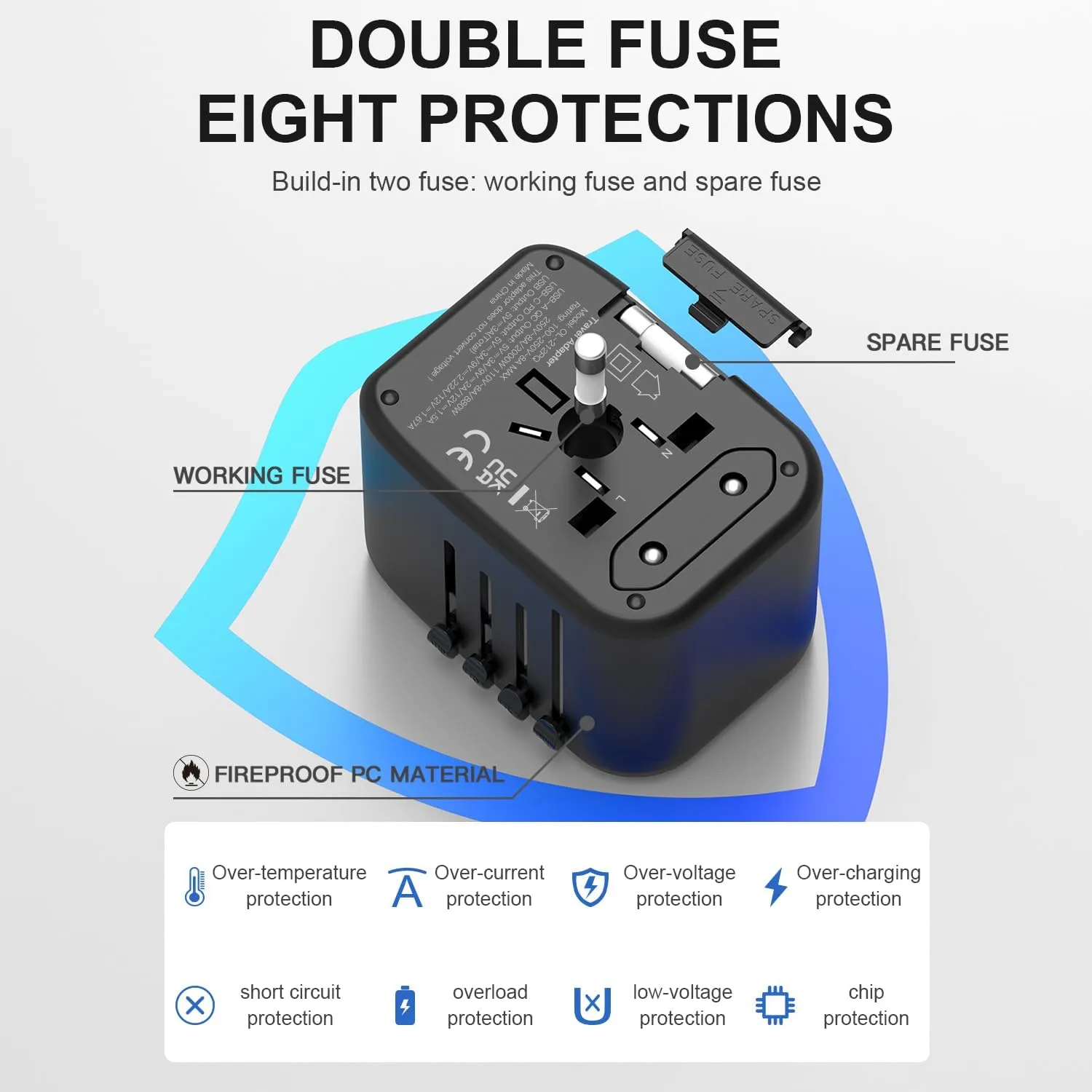 Universal Travel Adapter, PD20W International Power Adapter, 2 USB-C & 2 USB-A Fast Charging Travel Charger, All in One Worldwide Travel Plug Adapter, Outlet Adapter for Europe EU UK USA AU