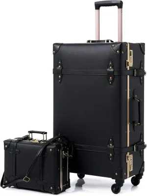 urecity Designer Vintage Trunk Combination Luggage Sets of 2 Piece, Hard Shell Retro Travel Suitcase with Wheels (Black, 20" 12")