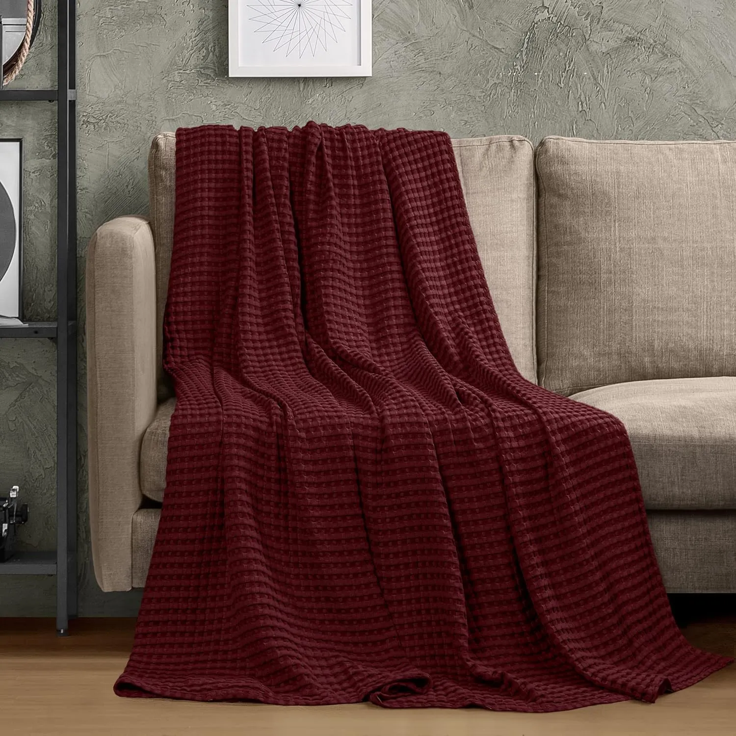 Utopia Bedding Burgundy 100% Cotton Waffle Blanket 300 GSM [Twin - 90x72 Inch] Soft Lightweight Breathable Bed Blanket for All Season