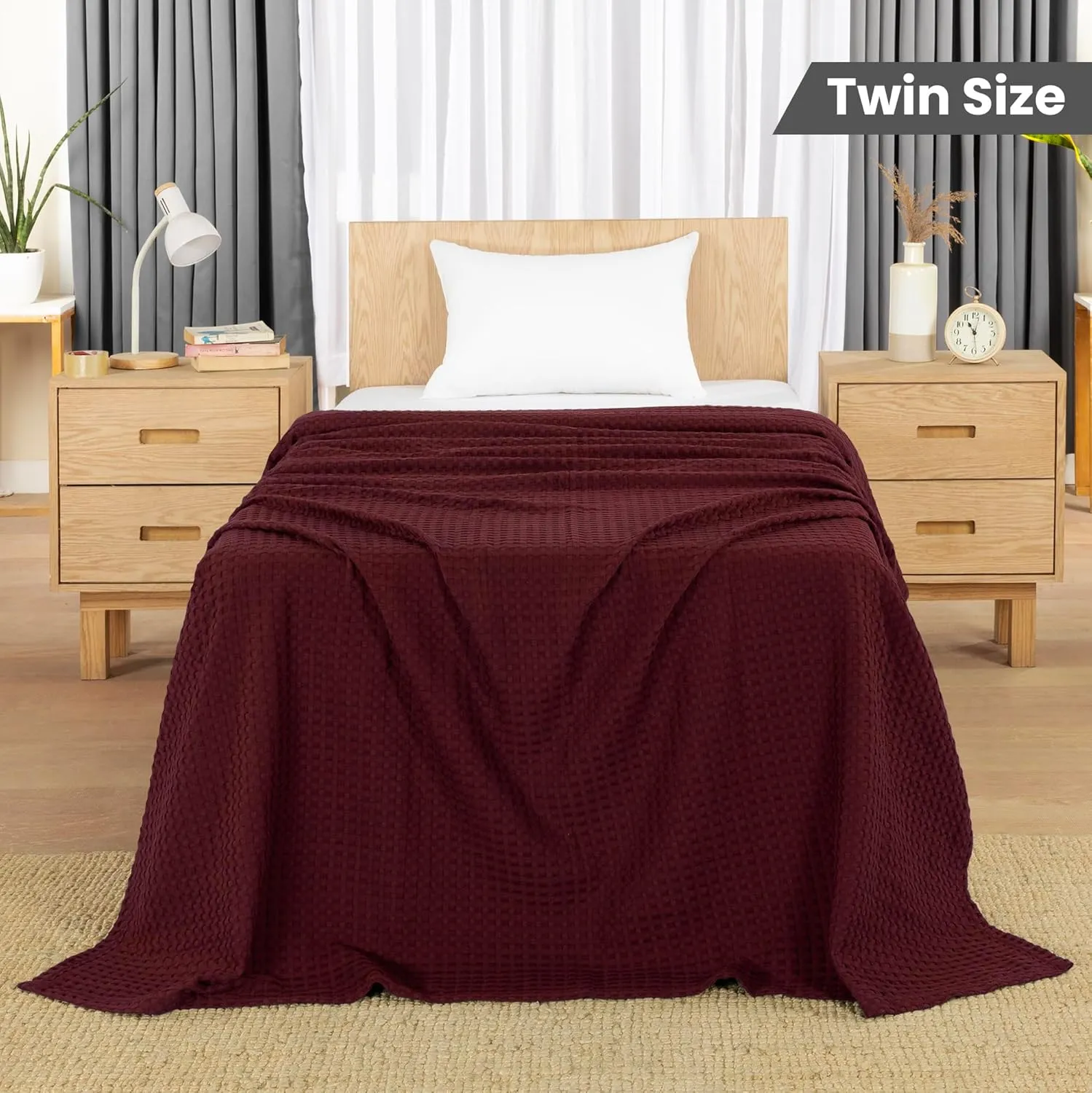 Utopia Bedding Burgundy 100% Cotton Waffle Blanket 300 GSM [Twin - 90x72 Inch] Soft Lightweight Breathable Bed Blanket for All Season
