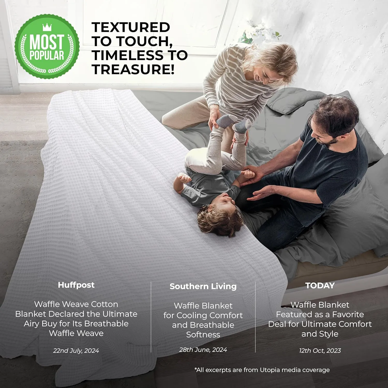 Utopia Bedding White 100% Cotton Waffle Blanket 300 GSM [Twin - 90x72 Inch] Soft Lightweight Breathable Bed Blanket for All Season