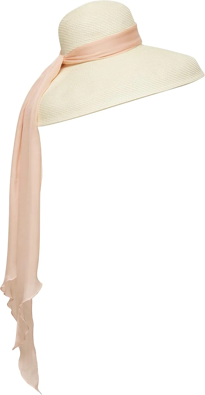 Utopiat MIU Oversized Straw Holiday Beach Natural White Hat W/Silk Scarf