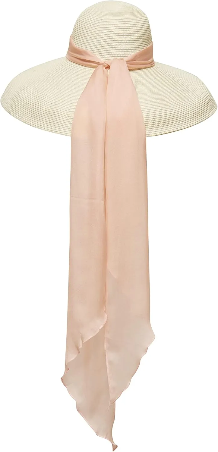 Utopiat MIU Oversized Straw Holiday Beach Natural White Hat W/Silk Scarf
