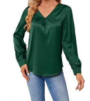 v Neck Tops for Women Satin Pleated Loose Solid Long Sleeve Blouse Lightweight Comfy Flowy Shirts Fall Spring Clothes