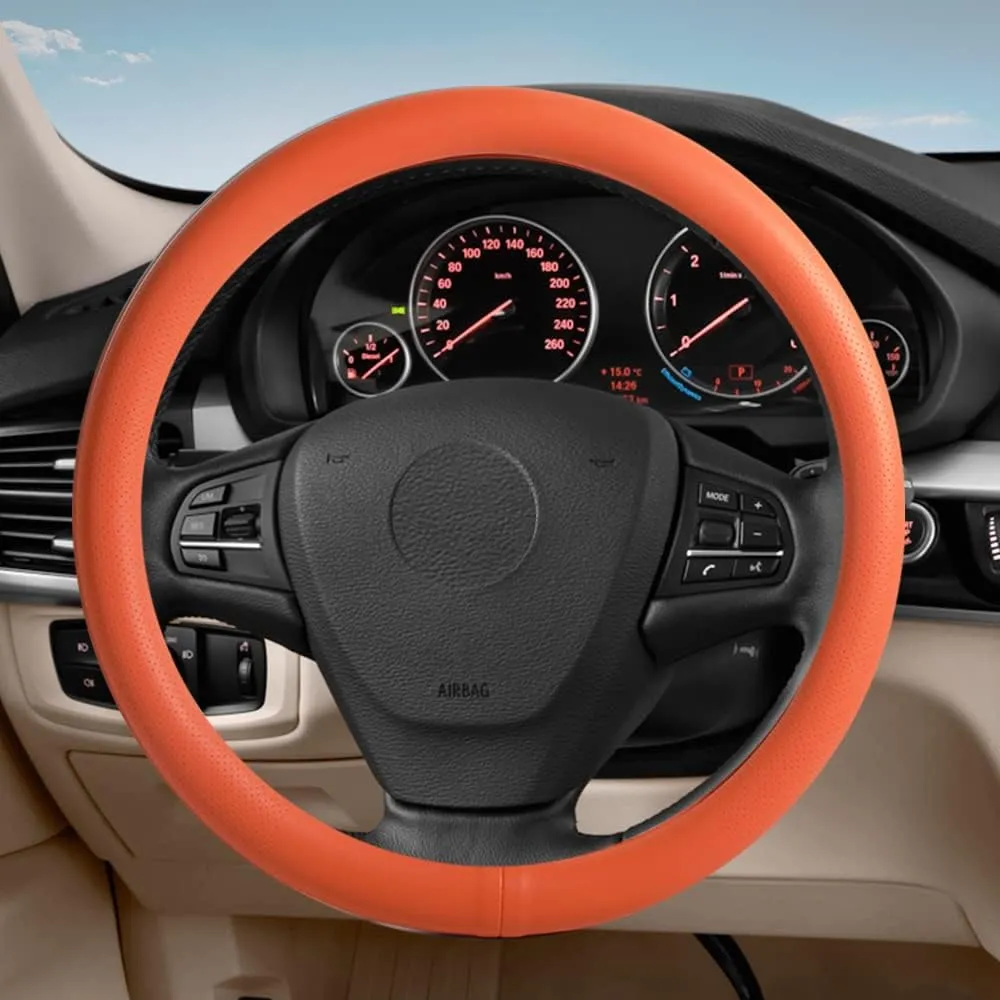 VARGTR Car Steering Wheel Cover,Universal 15 Inch Premium Leather Car Steering Wheel Cover,Best Grip,Perforated Design,Breathable,Non-Slip,Sweat-Absorbent,Warm in Winter and Cool in Summer (Orange)